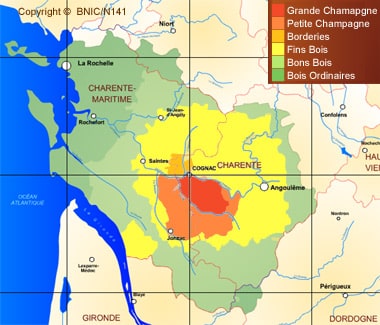 Carte des crus de l’appellation du vignoble de Cognac