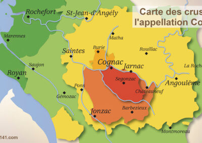 Carte de l'appellation Cognac avec ses 6 crus