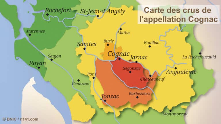 Carte de l'appellation Cognac avec ses 6 crus