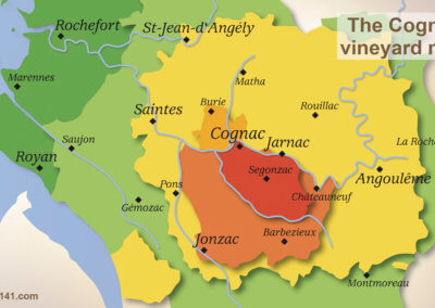 Map of the vineyard of cognac with its 6 crus