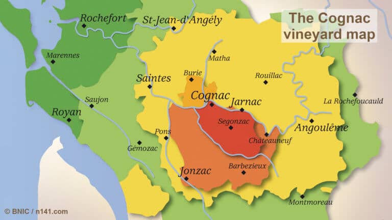 Map of the vineyard of cognac with its 6 crus