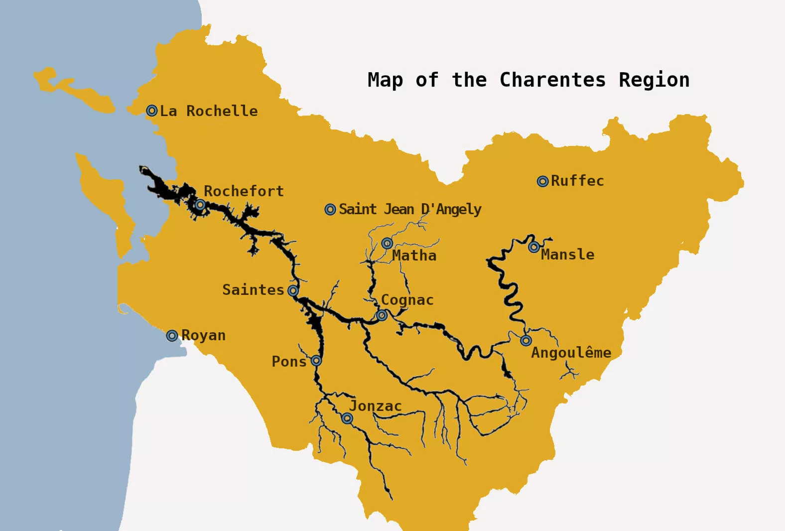 Tourist map of the Charentes region, with its river and main towns